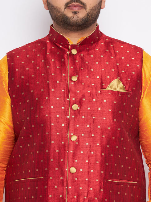 Vastramay Men's Plus Size Maroon Zari Weaved Nehru Jacket With Curved Kurta Dhoti set